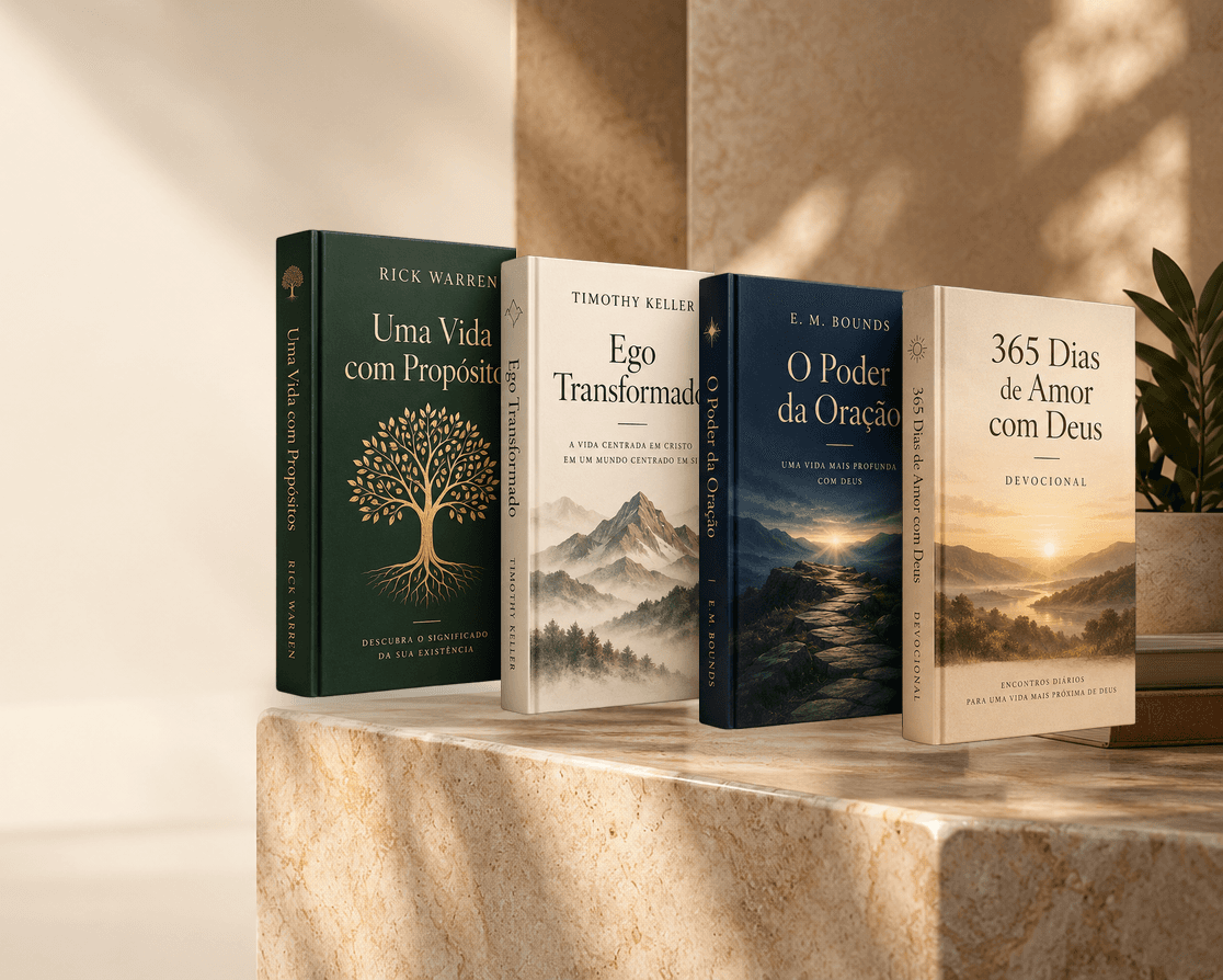 Os quatro livros do box Vida com Deus sobre uma bancada de mármore